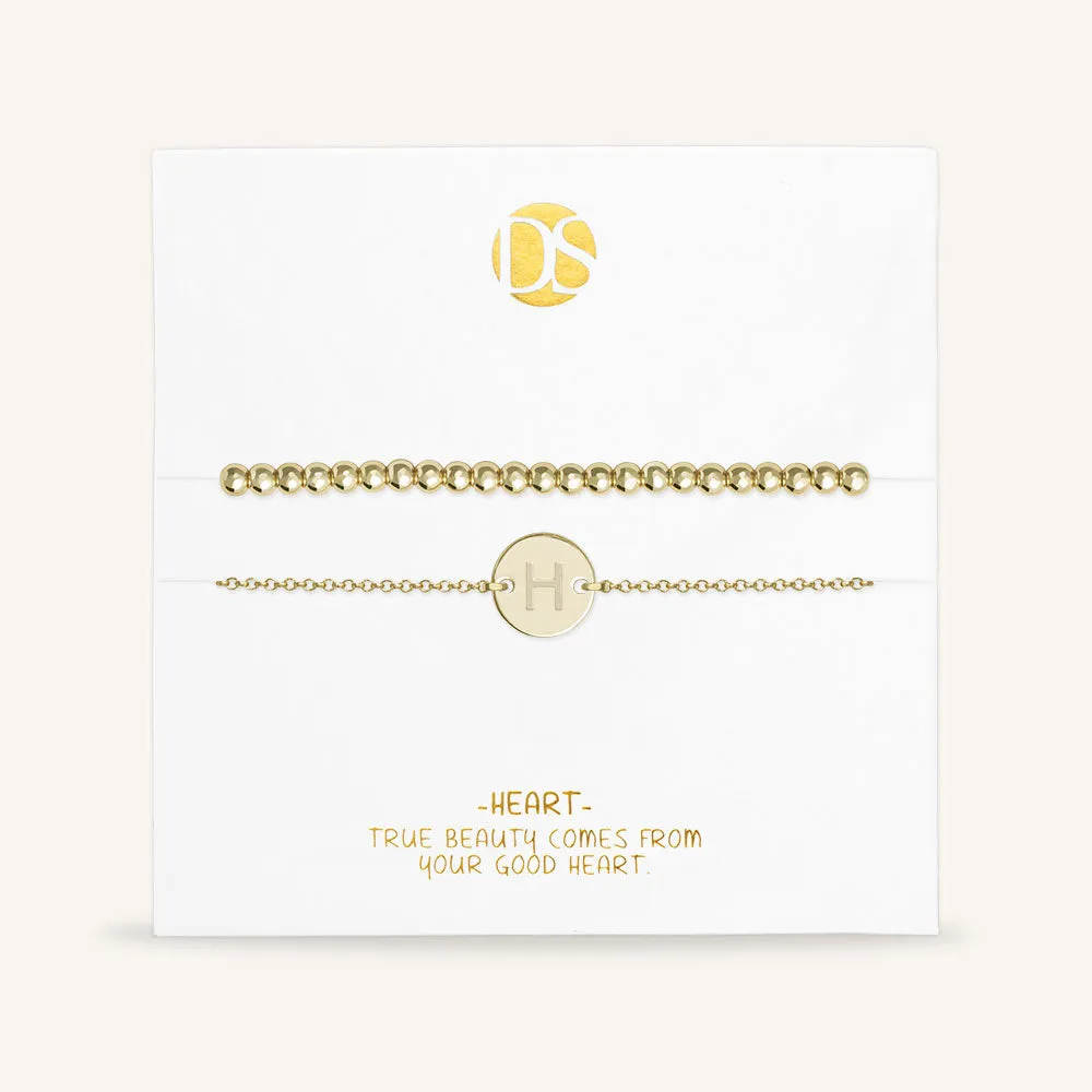 "One and Only" Set of Two Initial Disc & Stretch Polished Beads Layering Bracelets