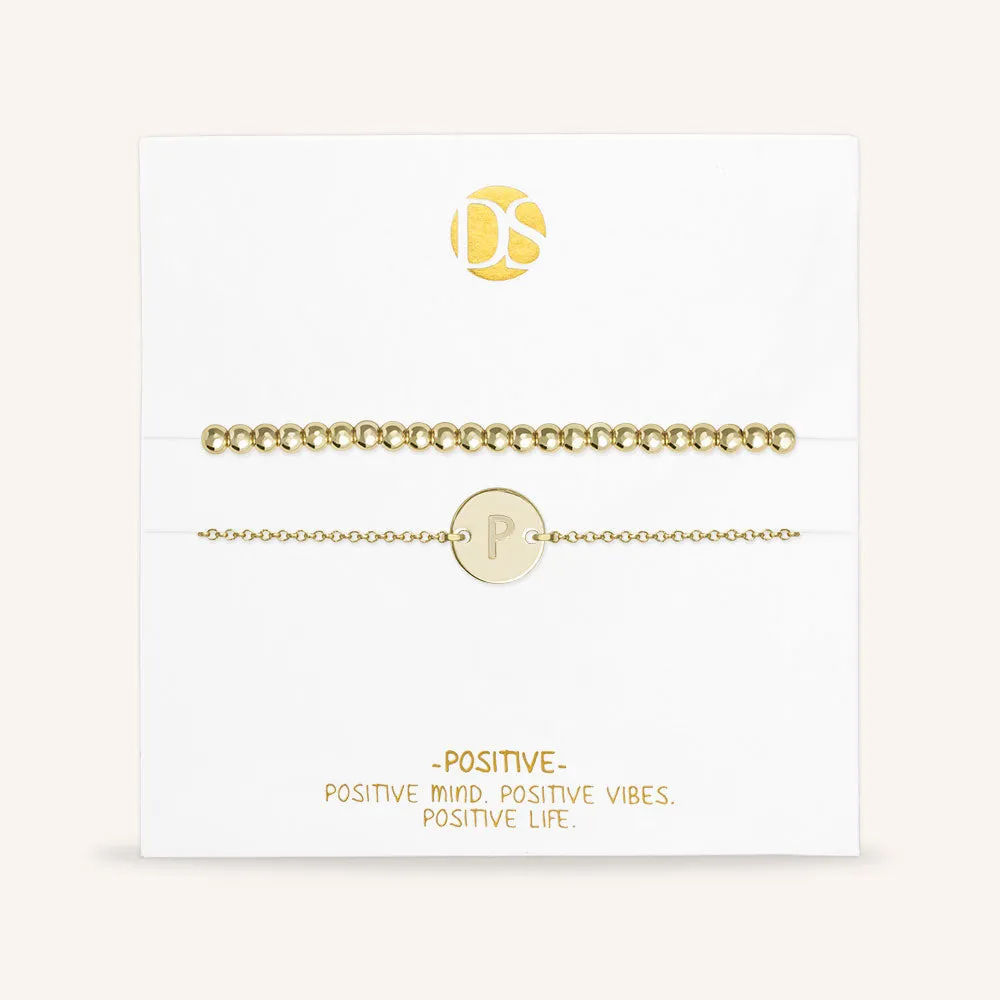 "One and Only" Set of Two Initial Disc & Stretch Polished Beads Layering Bracelets