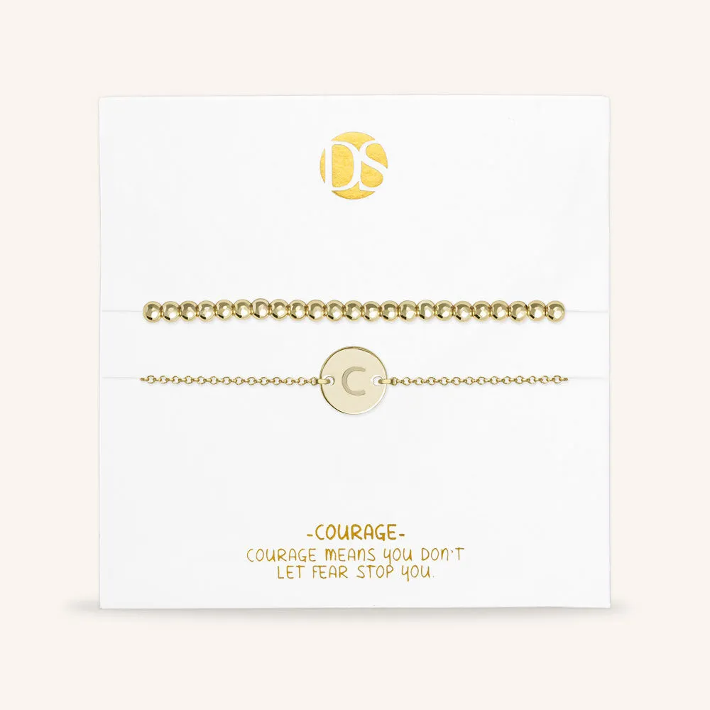 "One and Only" Set of Two Initial Disc & Stretch Polished Beads Layering Bracelets