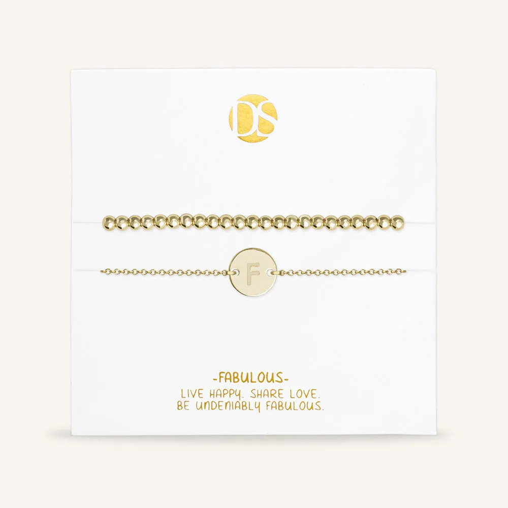 "One and Only" Set of Two Initial Disc & Stretch Polished Beads Layering Bracelets