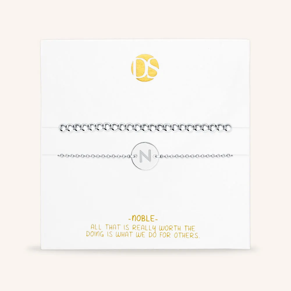 "One and Only" Set of Two Initial Disc & Stretch Polished Beads Layering Bracelets