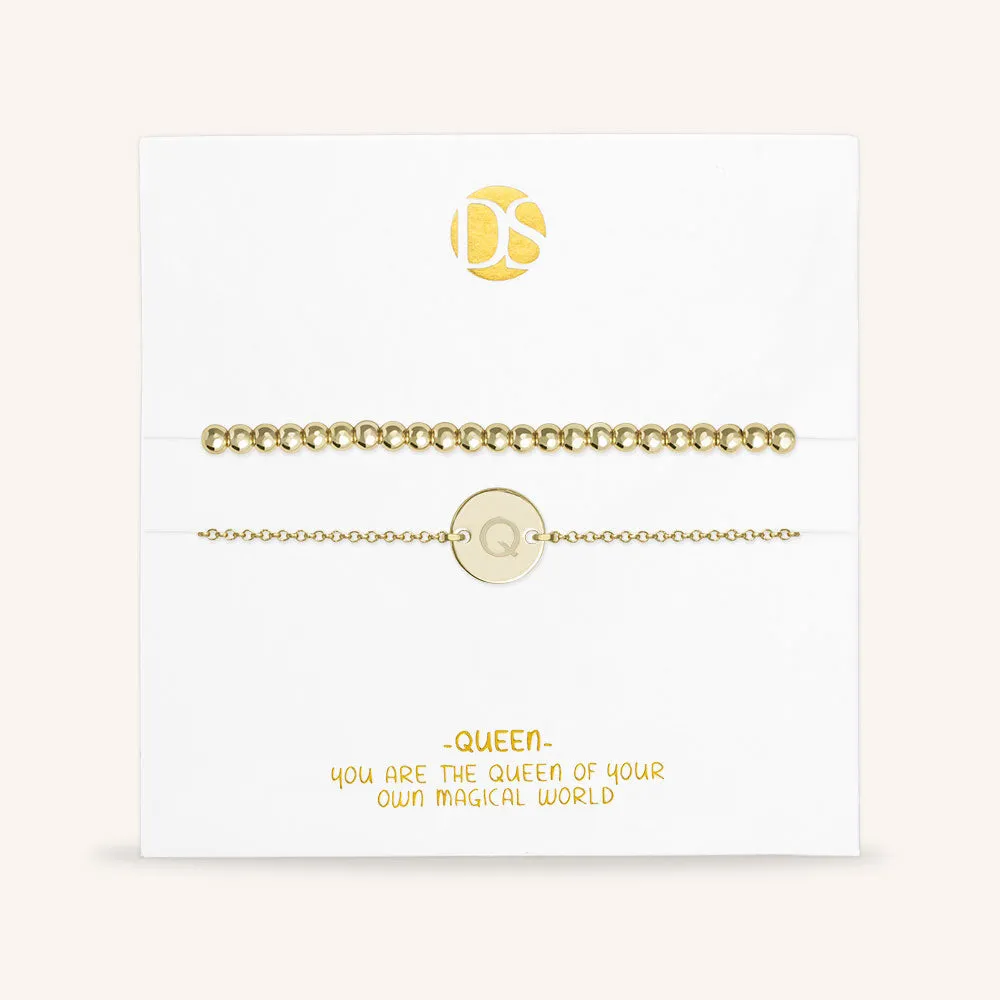 "One and Only" Set of Two Initial Disc & Stretch Polished Beads Layering Bracelets