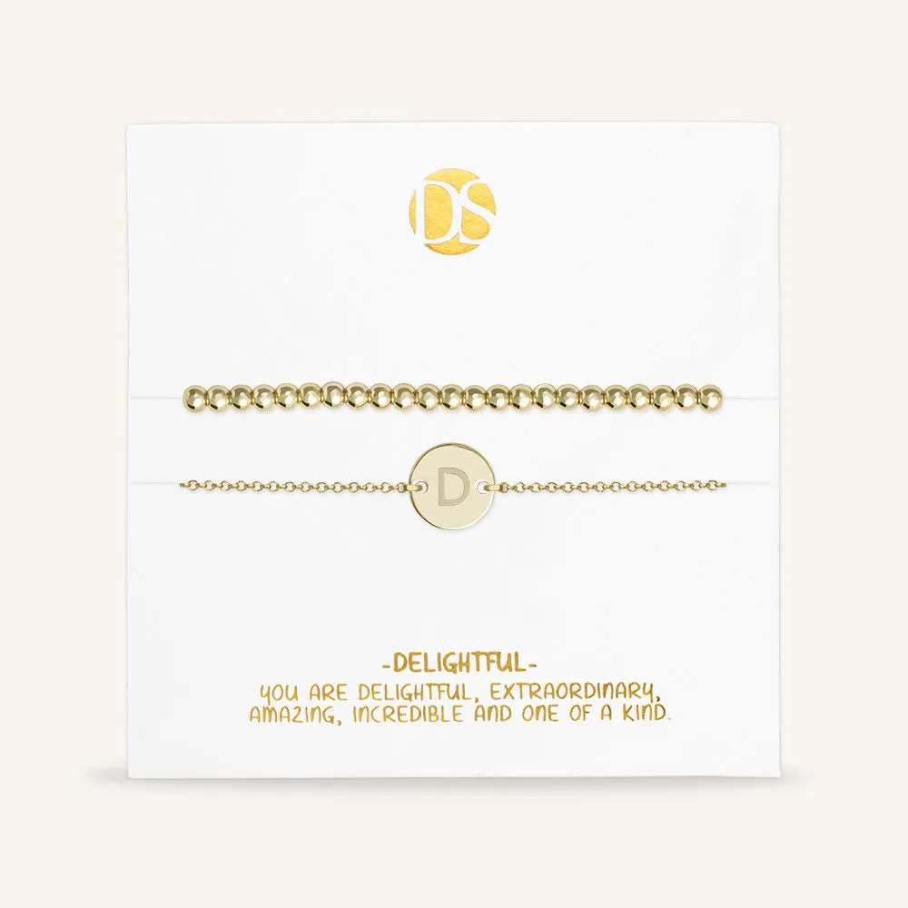 "One and Only" Set of Two Initial Disc & Stretch Polished Beads Layering Bracelets