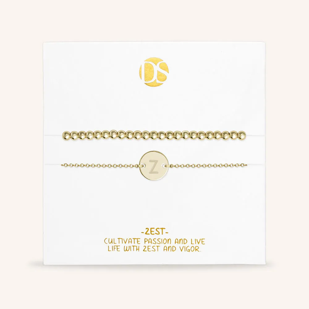 "One and Only" Set of Two Initial Disc & Stretch Polished Beads Layering Bracelets