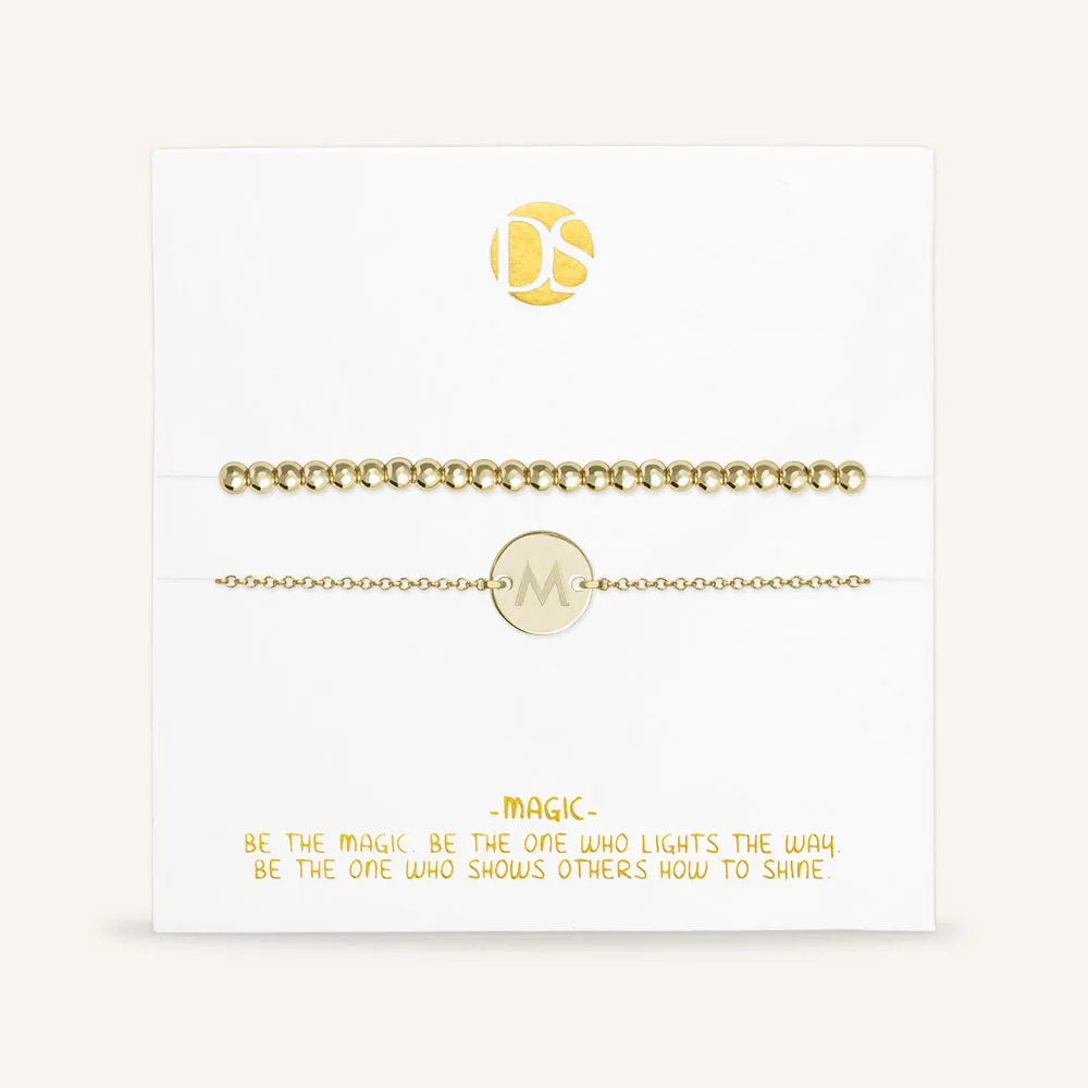 "One and Only" Set of Two Initial Disc & Stretch Polished Beads Layering Bracelets