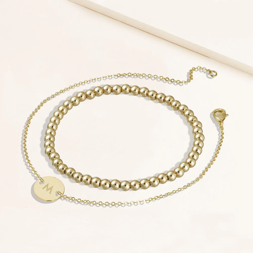 "One and Only" Set of Two Initial Disc & Stretch Polished Beads Layering Bracelets