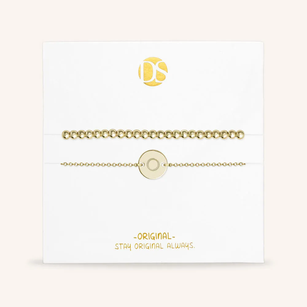 "One and Only" Set of Two Initial Disc & Stretch Polished Beads Layering Bracelets
