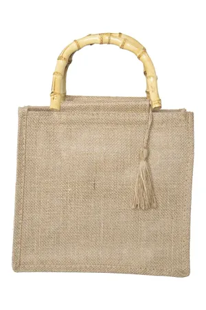 Rattan Handle Native Design Jute Tote Bag Brown - Pack of 6