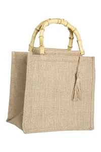 Rattan Handle Native Design Jute Tote Bag Brown - Pack of 6