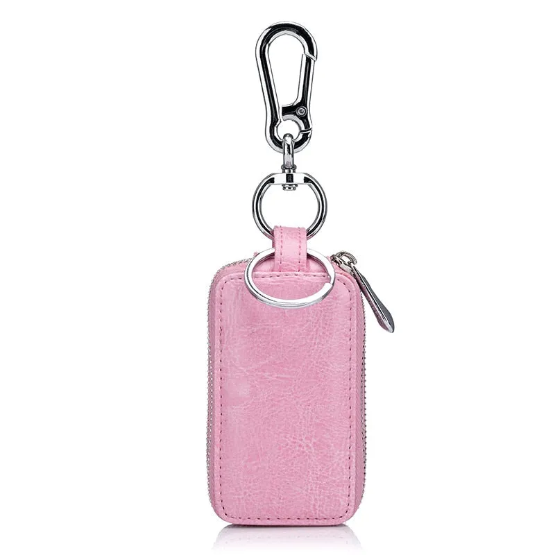Realaiot Genuine Cow Leather Home Car Keys' Bag Double Pocket Zipper Mini Wallet Earth Yellow Men Women's Key Holder Transparent Pocket
