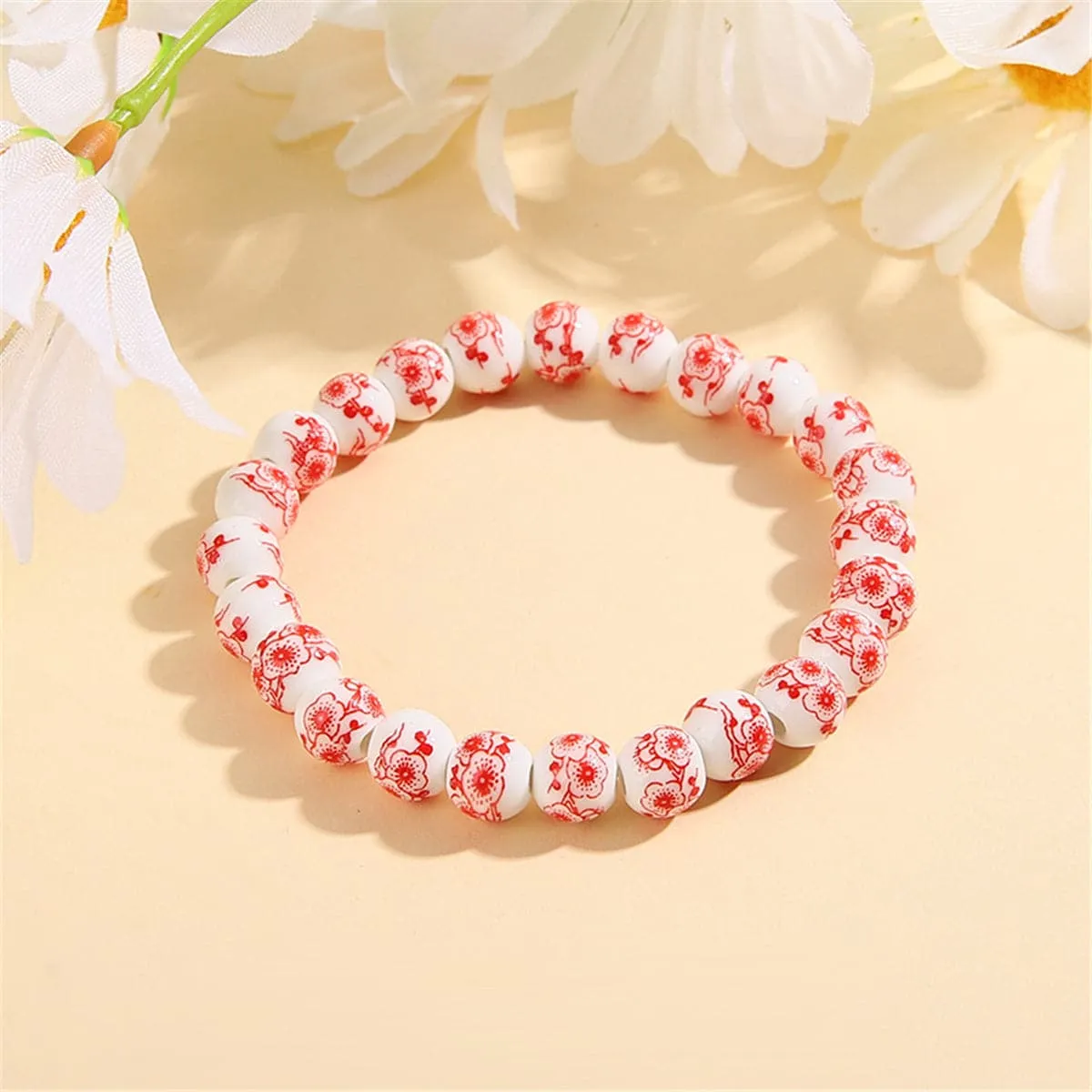 Red & Ceramic Plum Blossom Beaded Stretch Bracelet
