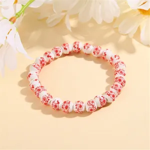 Red & Ceramic Plum Blossom Beaded Stretch Bracelet