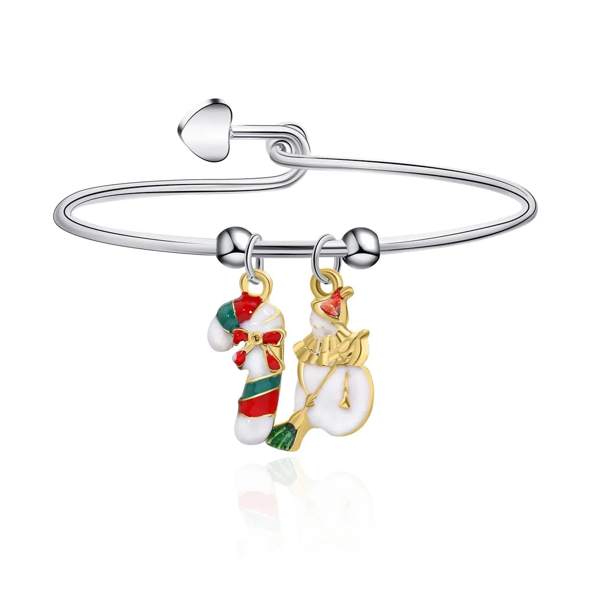 Red Enamel & Two Tone Candy Cane Snowman Charm Bangle