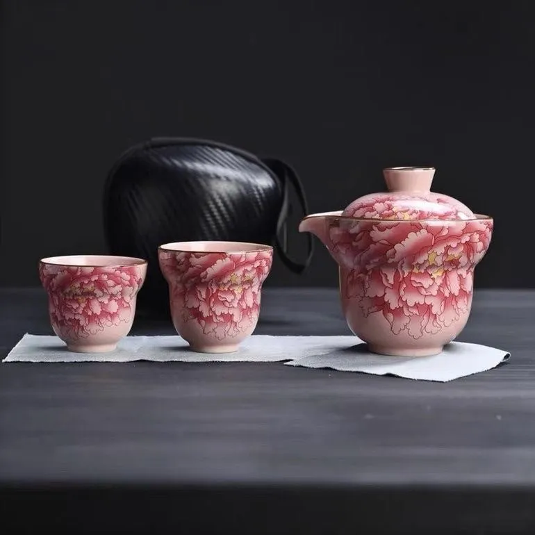 Ru Yao Ceramic Travel Tea Set with Portable Infuser - Luxury Chinese-style Brew Kit, Compact 1 Pot   2 Cups for Business Trips & Outdoor Adventures