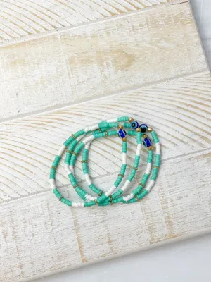 Rubber Disc Evil Eye Beaded Stretch Bracelet Stack - Mint