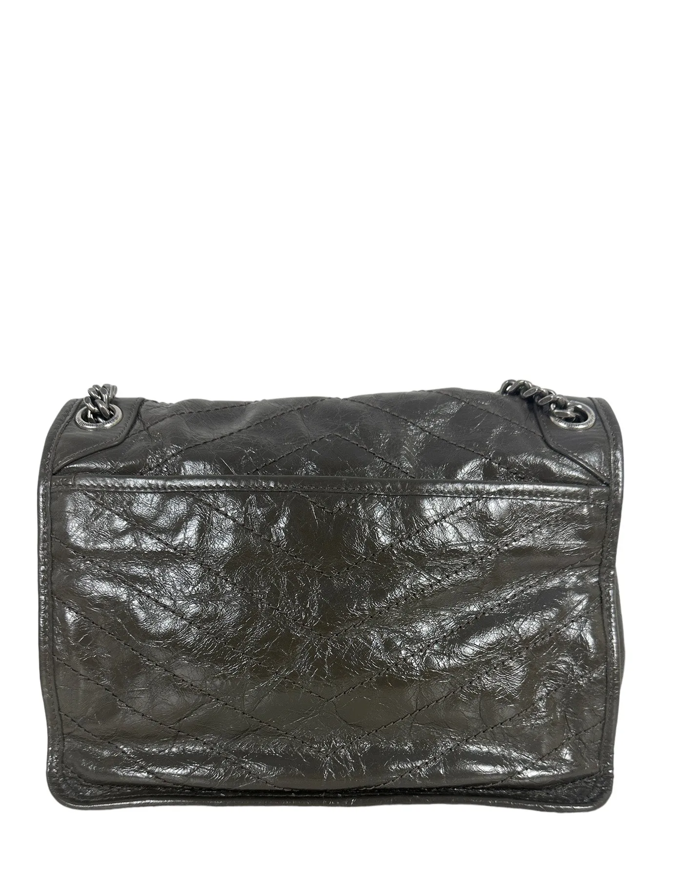 Saint Laurent Fog Grey Crinkled Calfskin Matelasse Monogram Medium Niki Chain Satchel