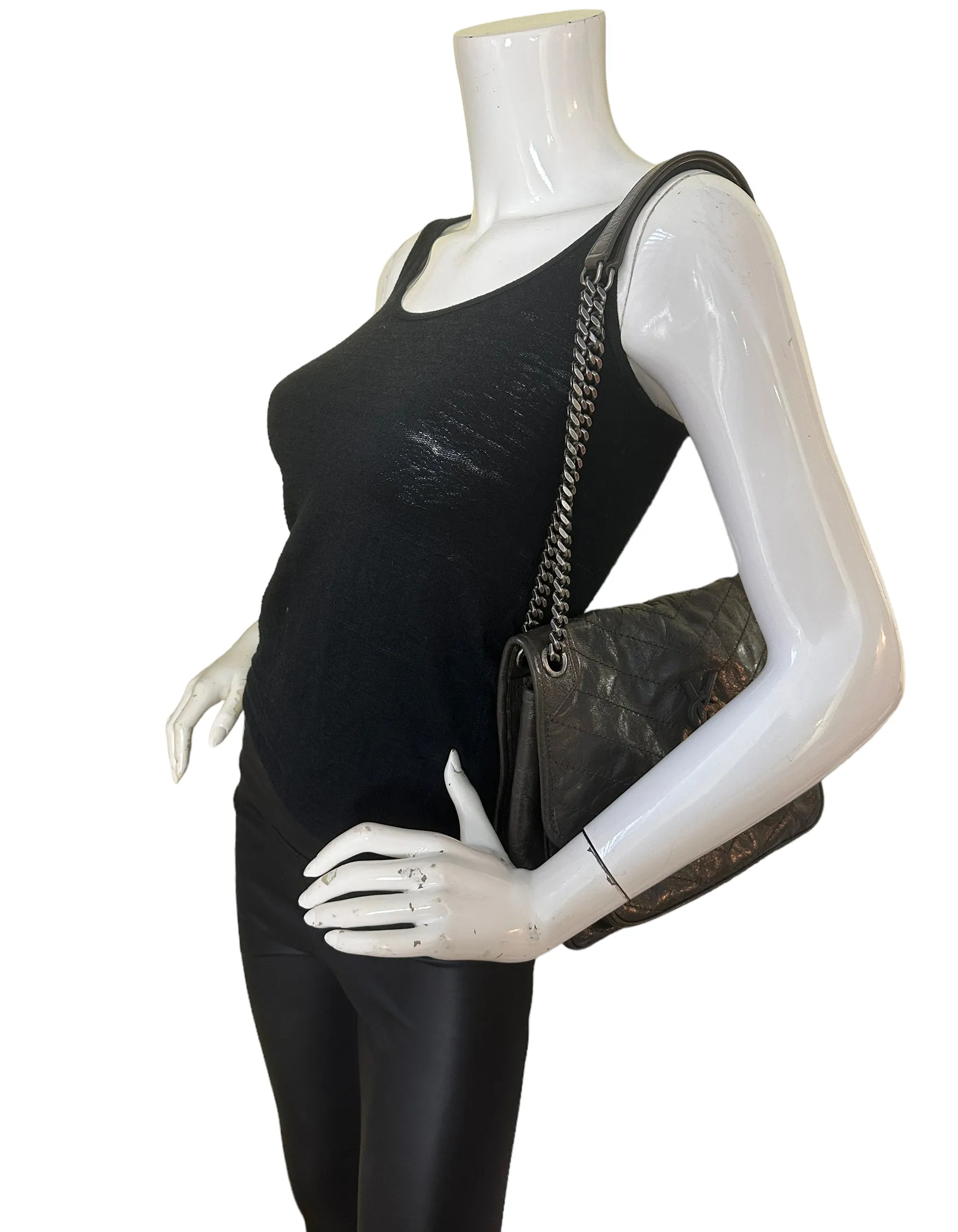 Saint Laurent Fog Grey Crinkled Calfskin Matelasse Monogram Medium Niki Chain Satchel
