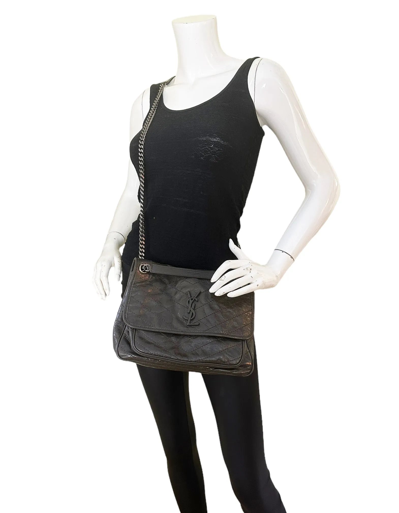 Saint Laurent Fog Grey Crinkled Calfskin Matelasse Monogram Medium Niki Chain Satchel