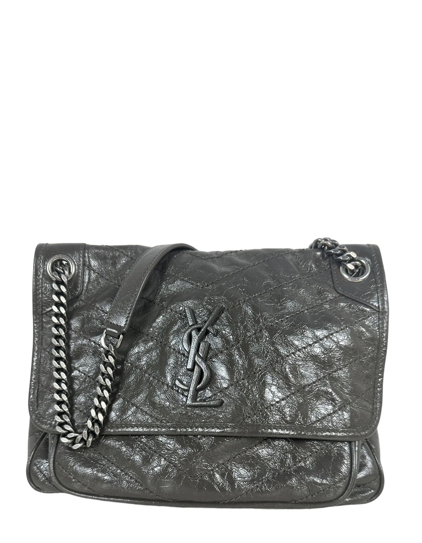 Saint Laurent Fog Grey Crinkled Calfskin Matelasse Monogram Medium Niki Chain Satchel