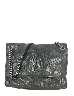 Saint Laurent Fog Grey Crinkled Calfskin Matelasse Monogram Medium Niki Chain Satchel