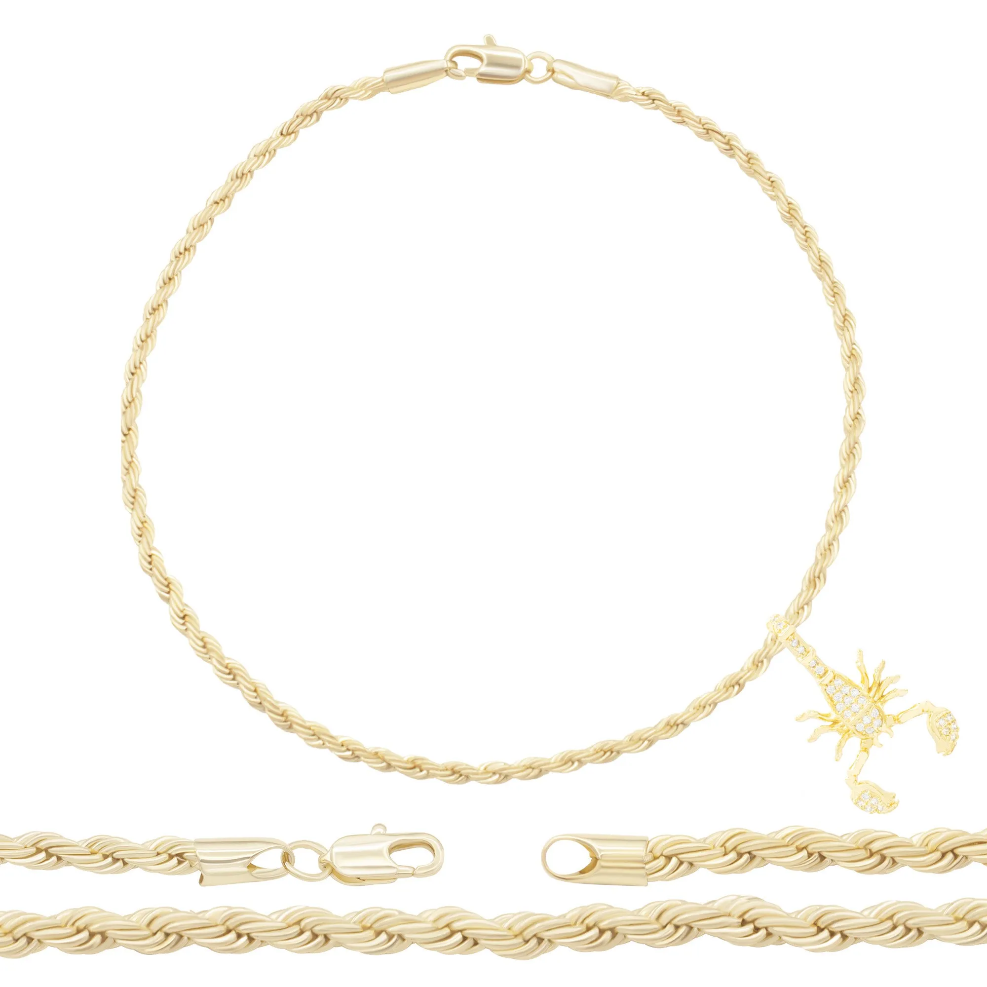 Scorpion Pendant 14K Anklet Gold Filled Cubic Zirconia Charm Rope Chain Set 10" WomenJewelry