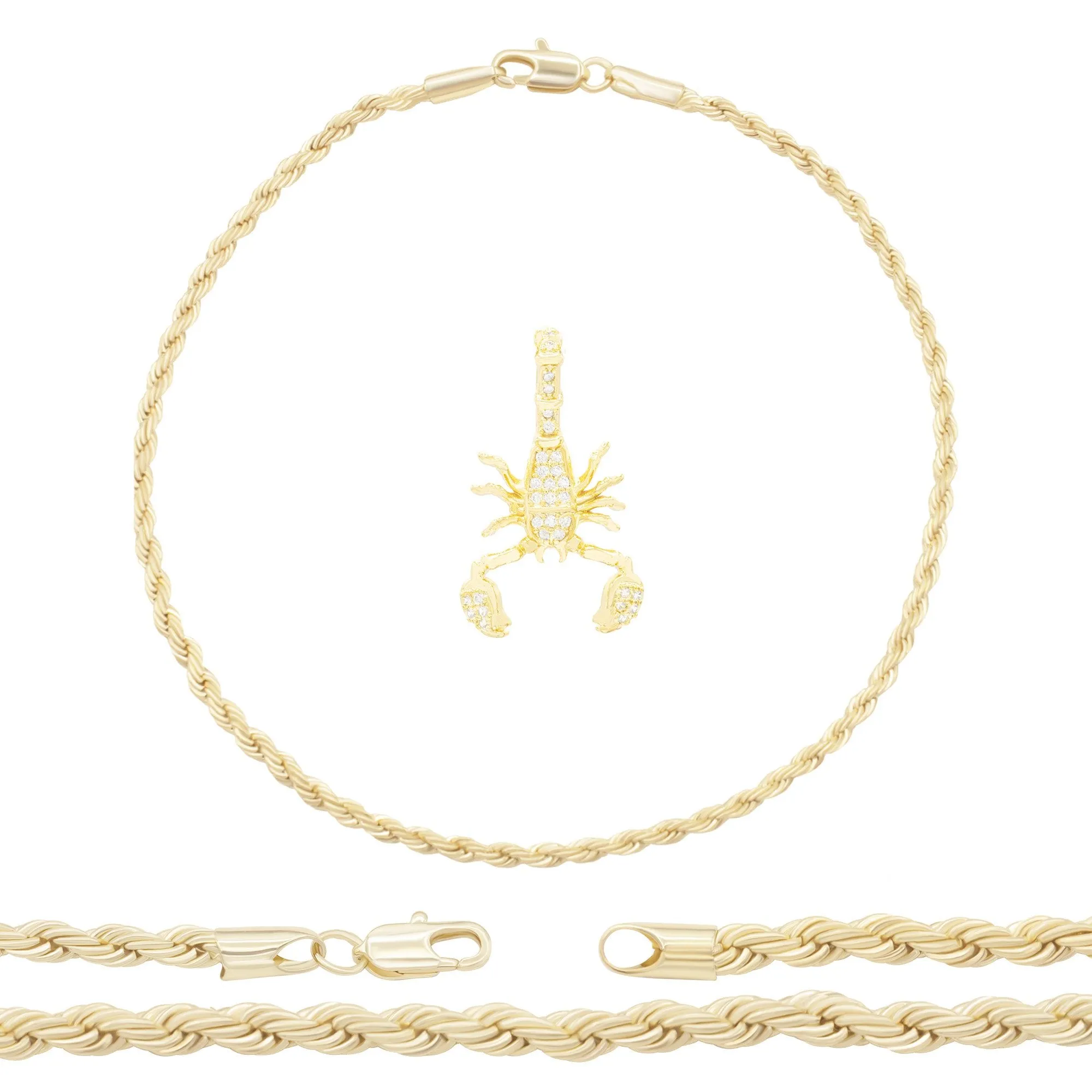 Scorpion Pendant 14K Anklet Gold Filled Cubic Zirconia Charm Rope Chain Set 10" WomenJewelry
