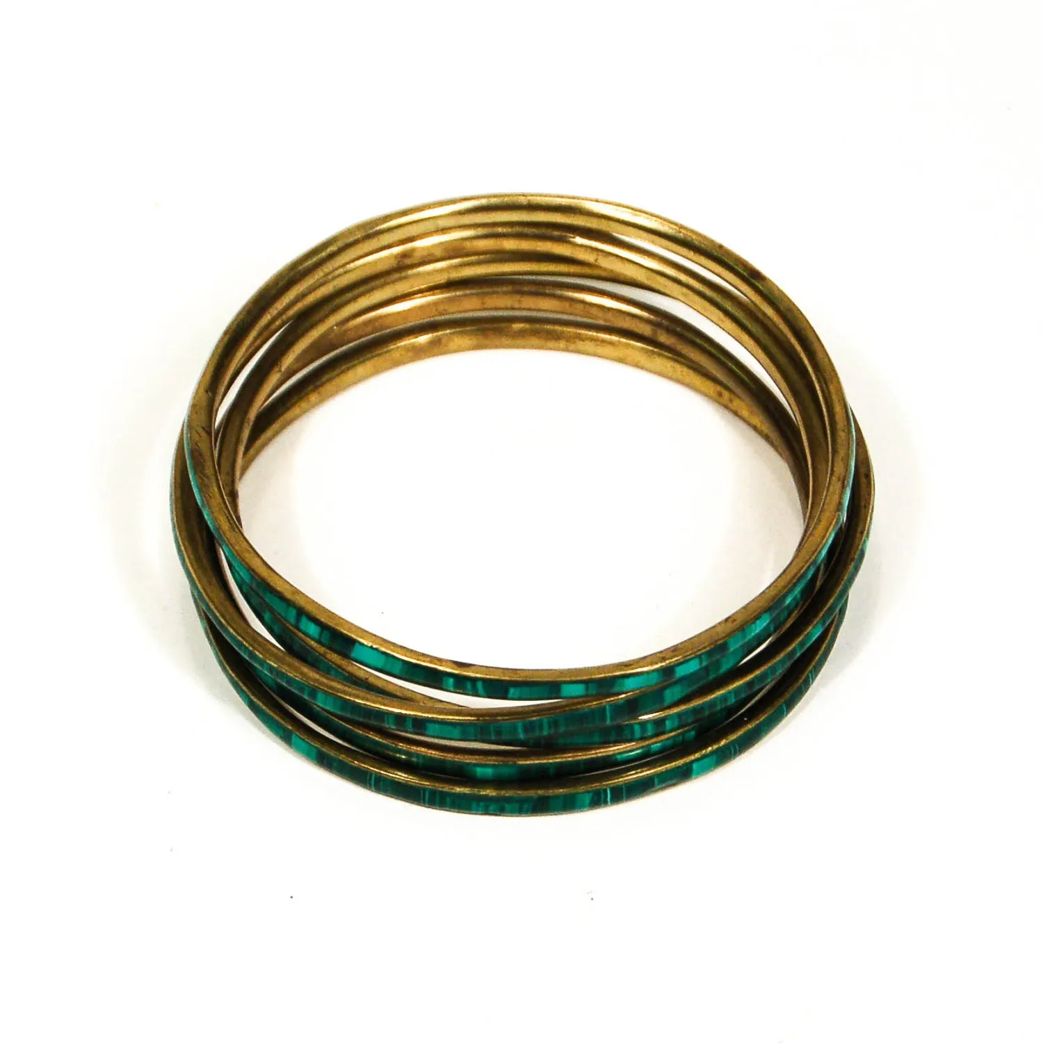 Set of 5 1970's Emerald Green Brass Bangles