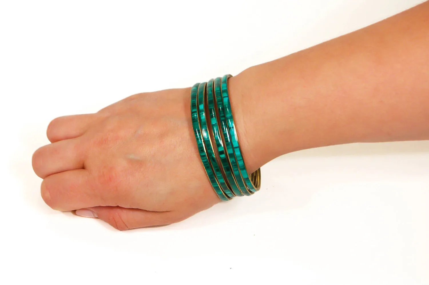 Set of 5 1970's Emerald Green Brass Bangles
