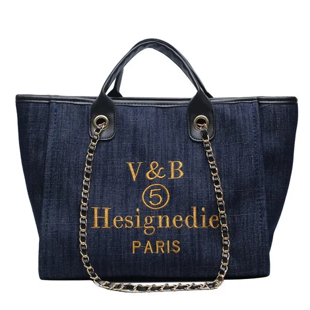 Shoulder Bag  New Trend Luxury Tote Big Shopper Canvas Chains Sling Strap Vintage Fashion High Quality