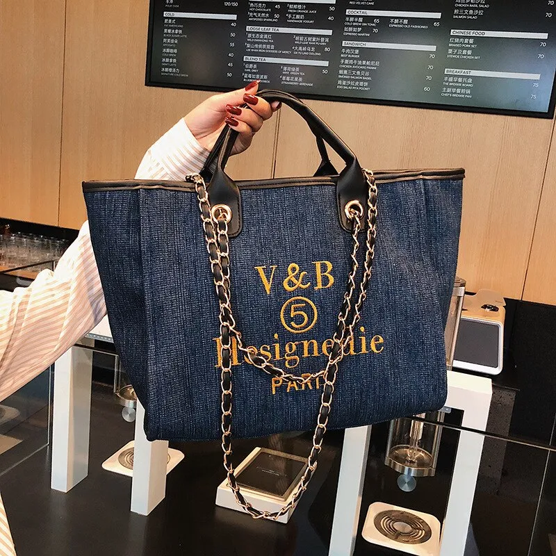 Shoulder Bag  New Trend Luxury Tote Big Shopper Canvas Chains Sling Strap Vintage Fashion High Quality