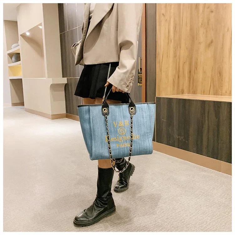 Shoulder Bag  New Trend Luxury Tote Big Shopper Canvas Chains Sling Strap Vintage Fashion High Quality