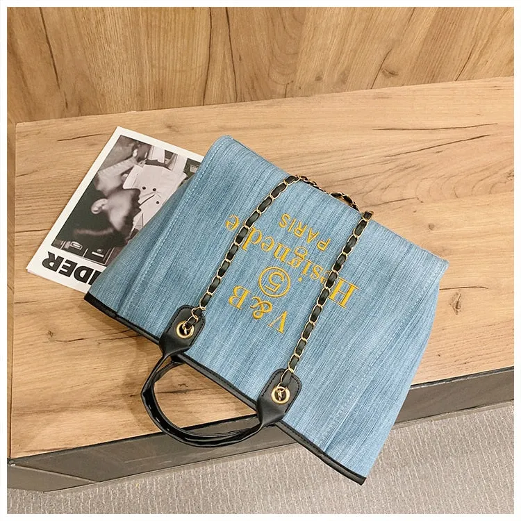 Shoulder Bag  New Trend Luxury Tote Big Shopper Canvas Chains Sling Strap Vintage Fashion High Quality