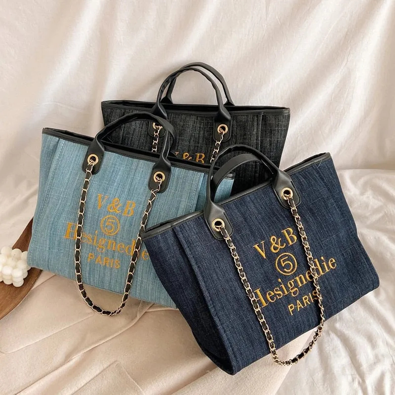 Shoulder Bag  New Trend Luxury Tote Big Shopper Canvas Chains Sling Strap Vintage Fashion High Quality