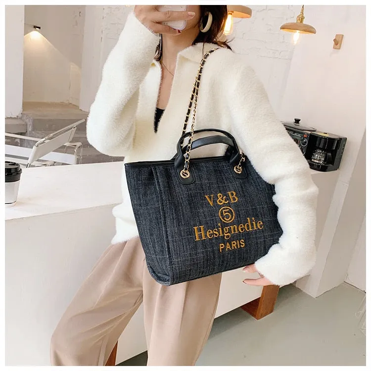 Shoulder Bag  New Trend Luxury Tote Big Shopper Canvas Chains Sling Strap Vintage Fashion High Quality