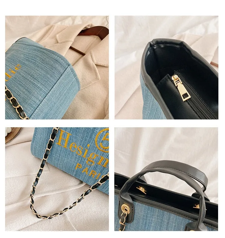 Shoulder Bag  New Trend Luxury Tote Big Shopper Canvas Chains Sling Strap Vintage Fashion High Quality