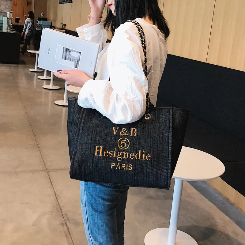 Shoulder Bag  New Trend Luxury Tote Big Shopper Canvas Chains Sling Strap Vintage Fashion High Quality