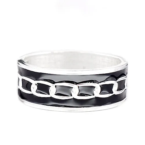 SILVER CHAIN BLACK ENAMEL DESIGN HINGED BRACELET  #HB2720_SIL-BLK (PB8/SE2)