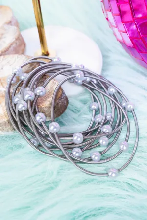 Silvertone Multi-Strand Spring Coil Pearl Beaded Bracelet Set