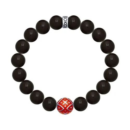 SOKOLOV JUST - Obsidian Bracelet With Silver Ornament Charm, Red Enamel