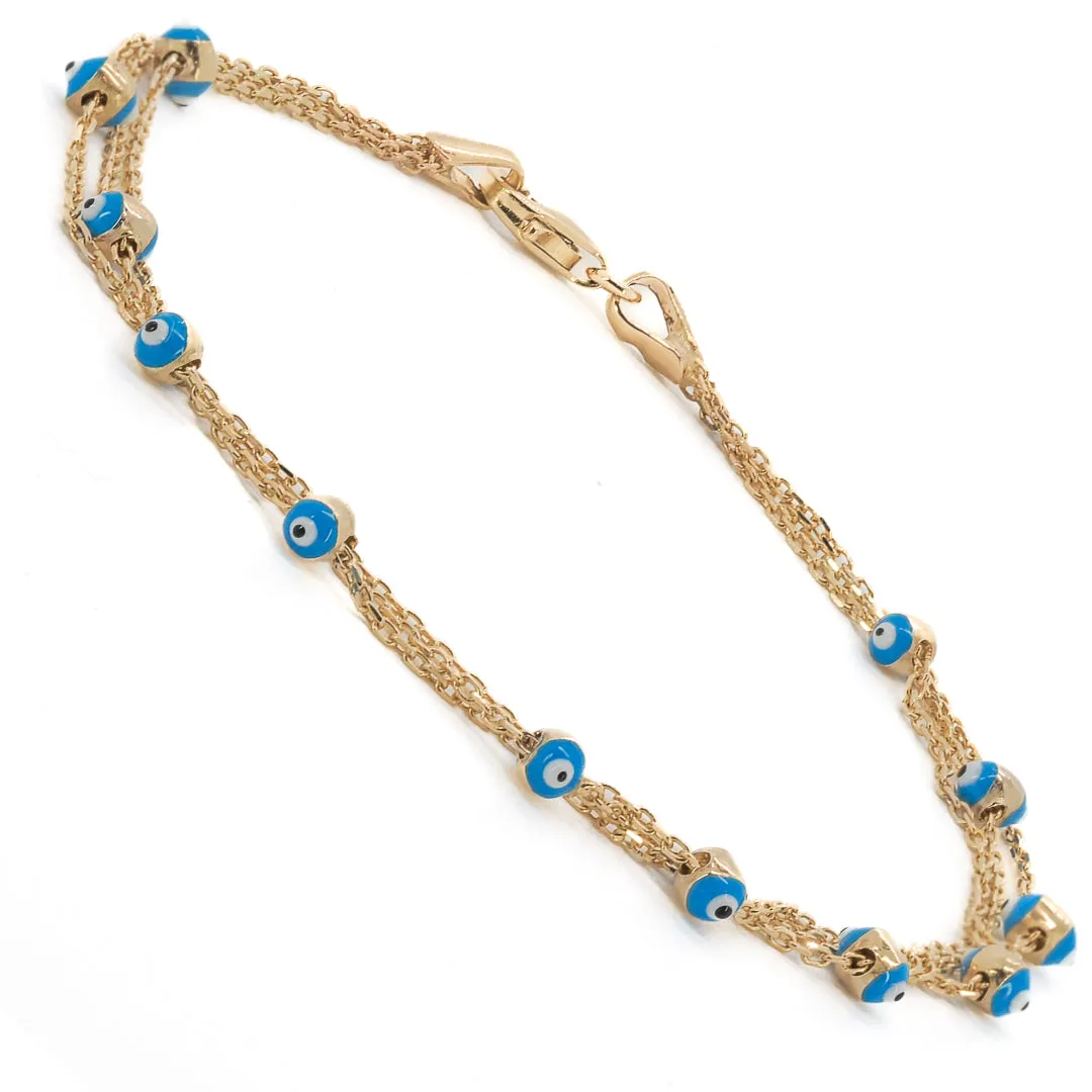 Solid Gold Triple Chain Evil Eye Design Bracelet