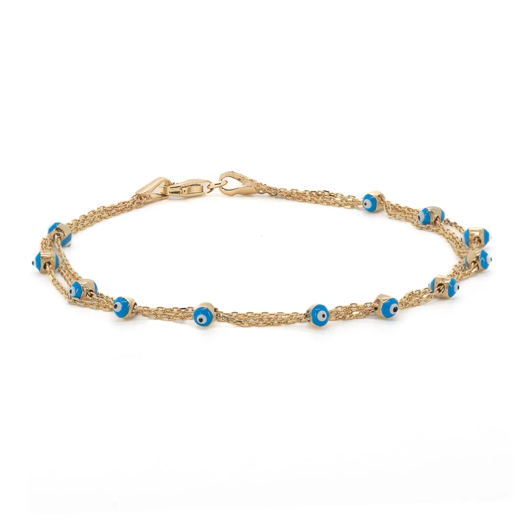 Solid Gold Triple Chain Evil Eye Design Bracelet