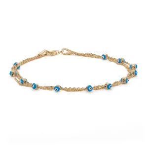 Solid Gold Triple Chain Evil Eye Design Bracelet