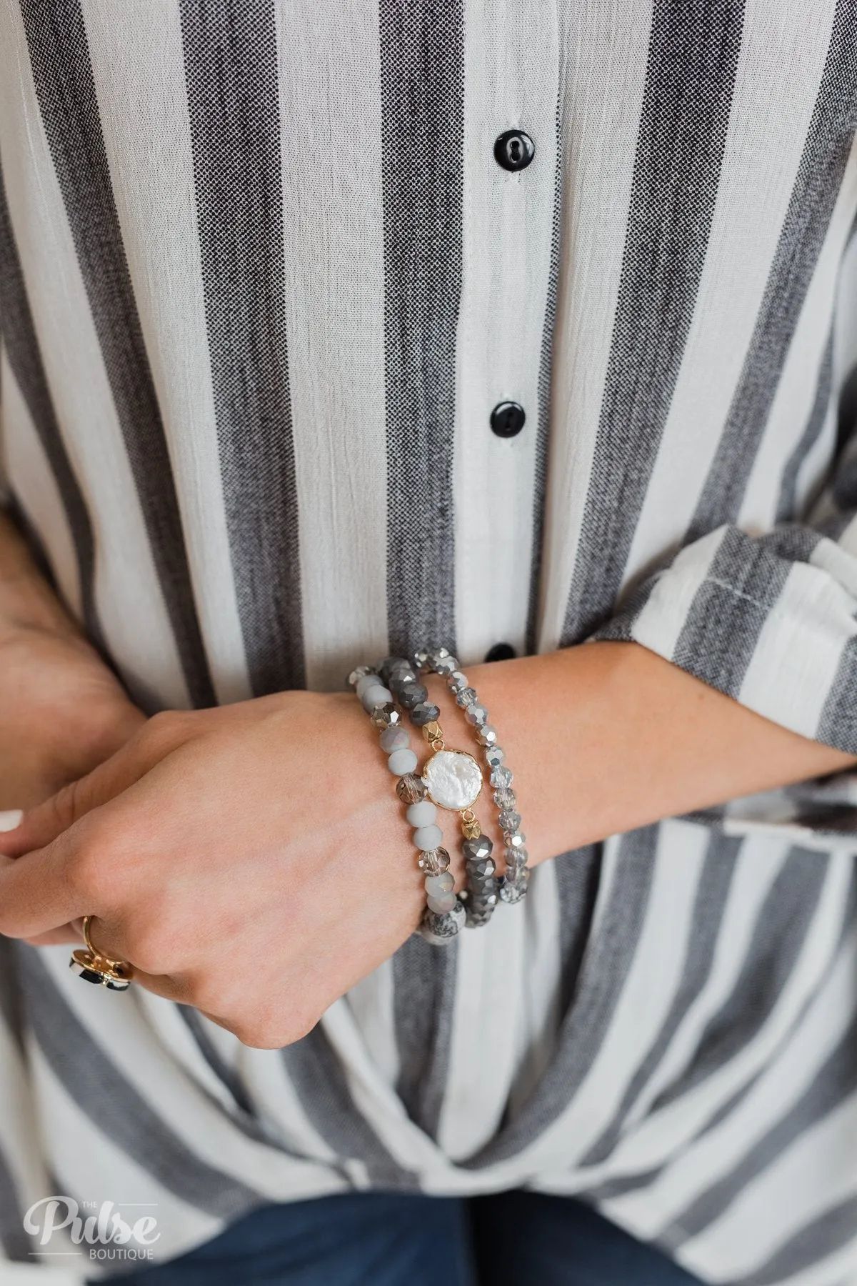 Stackable Beaded Bracelete Set- Grey Tones