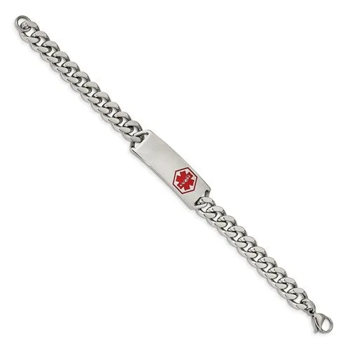 Stainless Steel Polished with Red Enamel Medical ID Curb Bracelet