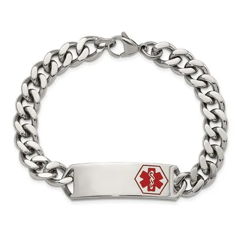 Stainless Steel Polished with Red Enamel Medical ID Curb Bracelet