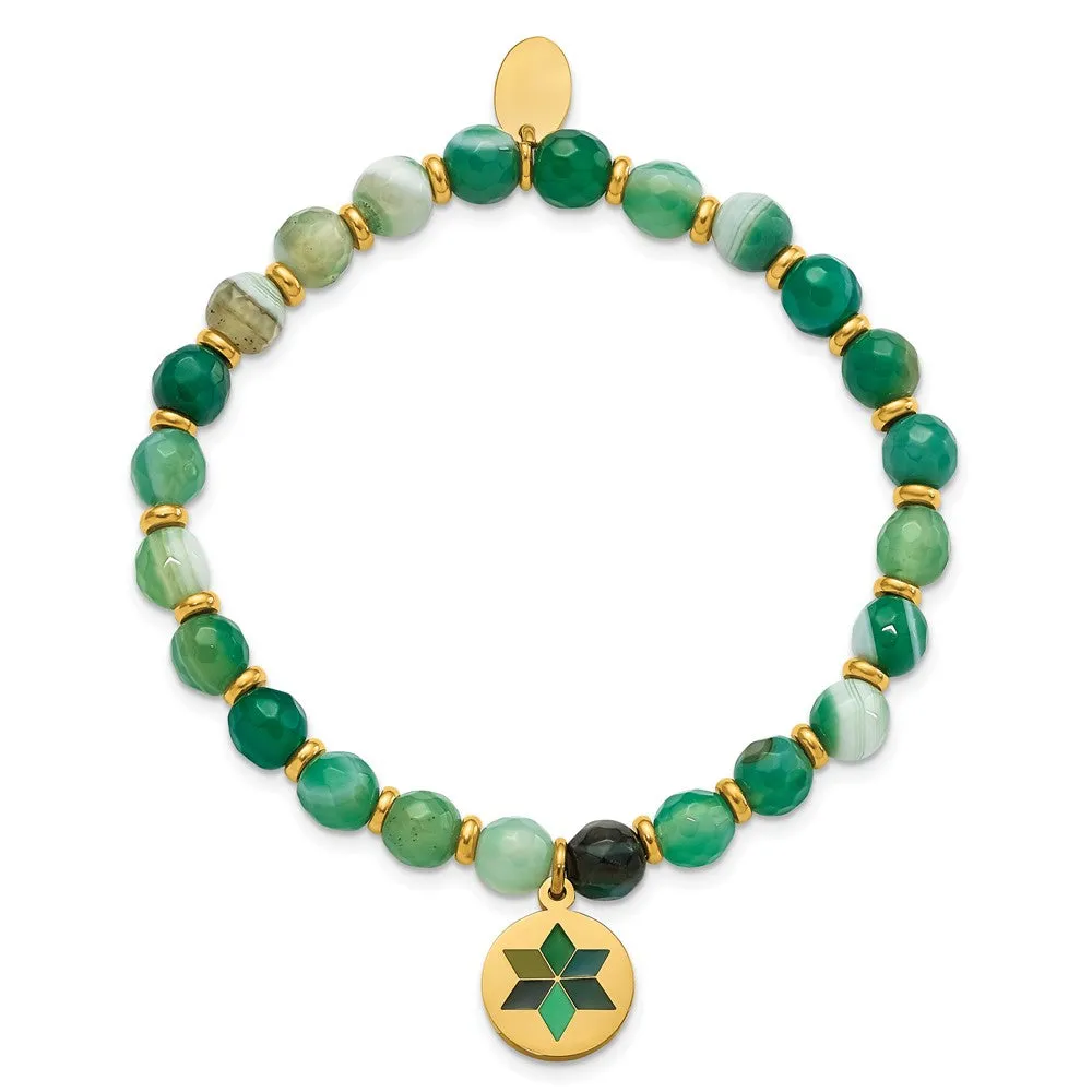 Stainless Steel Polished Yellow IP Enamel Green Agate Stretch Bracelet