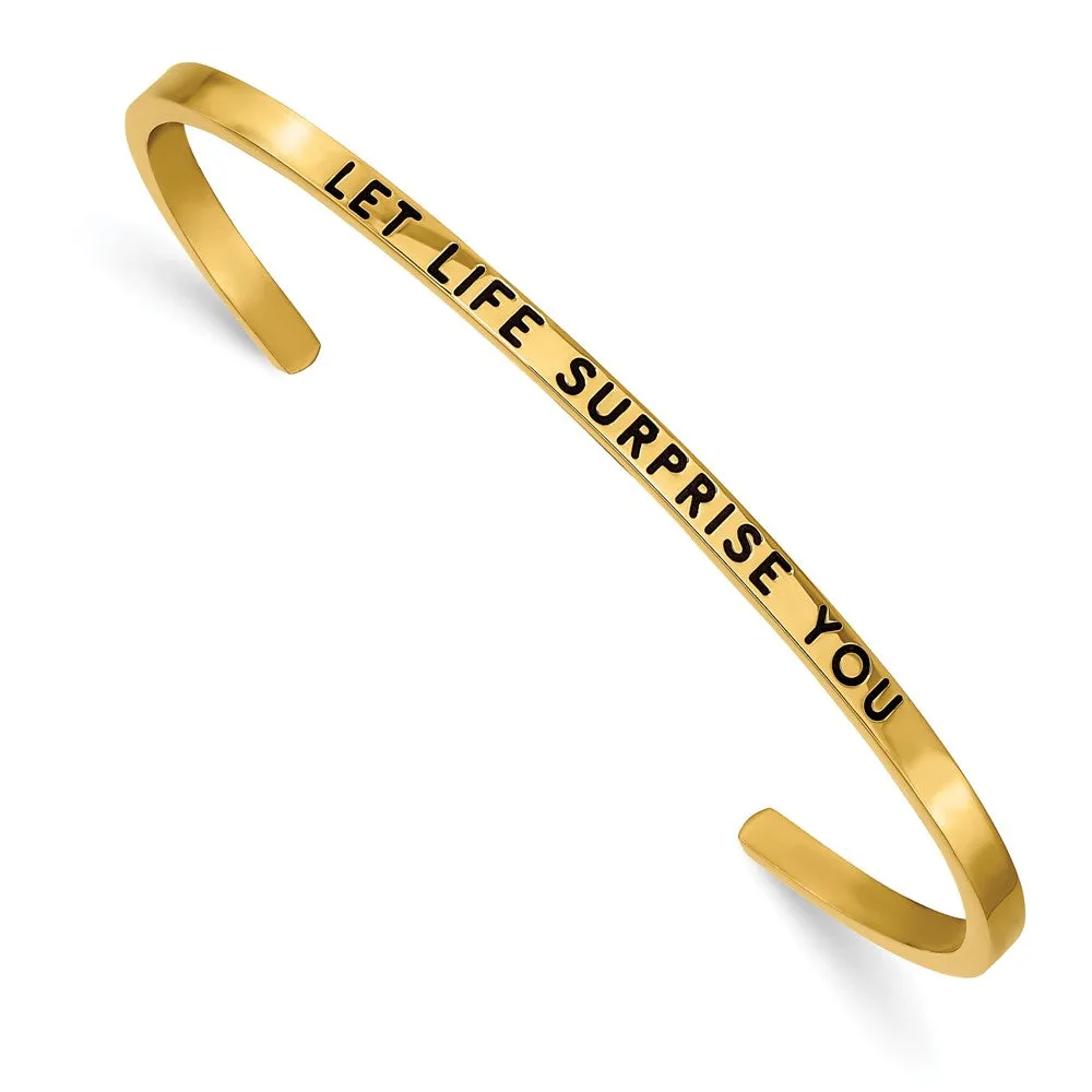 Stainless Steel Polished Yellow IP w/Enamel/Crystal LET LIFE. Cuff Bangle