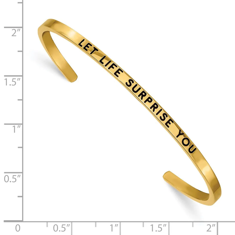 Stainless Steel Polished Yellow IP w/Enamel/Crystal LET LIFE. Cuff Bangle