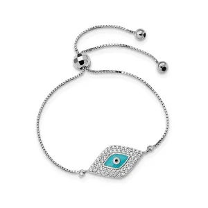 Sterling Silver Rhodium Plated CZ Blue Enamel Evil Eye Adjustable Bracelet