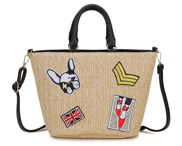 Straw Character Badge Pattern Women Vacation Totes Purses and Handbags Crossbody New Arrivals for Girl Shoulder Bag Designer